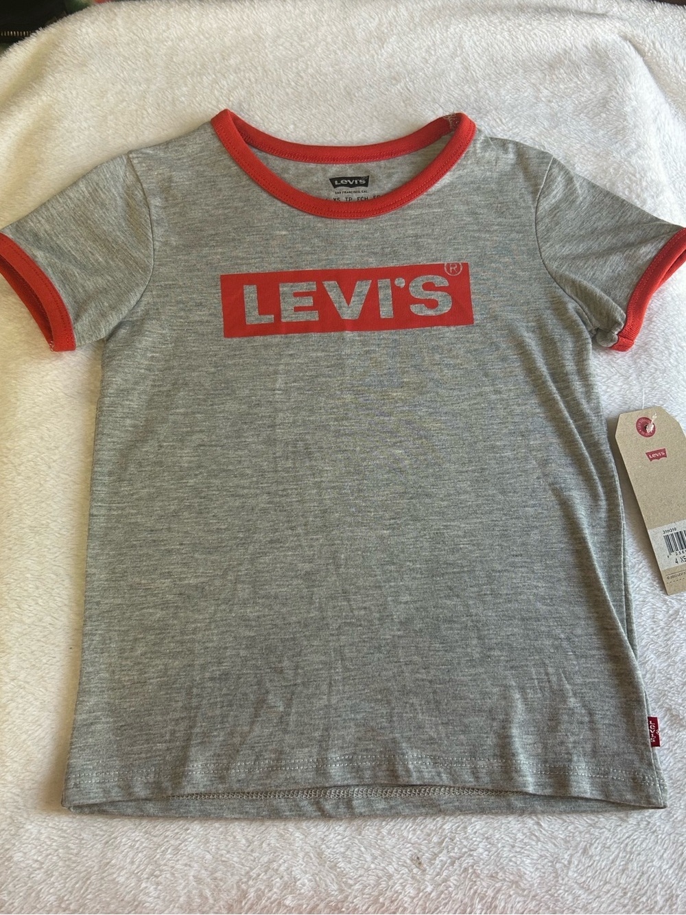 Levi Kids Sz XS (3-4) Heather Gray Tee with Red Logo & Trim NWT